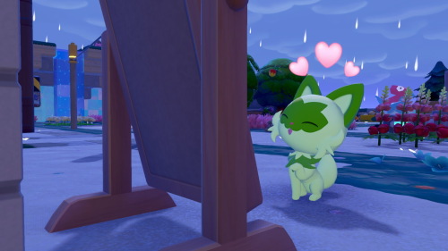 ぽこあポケモンのスクリーンショット
鏡を見て喜んでいるニャオハ